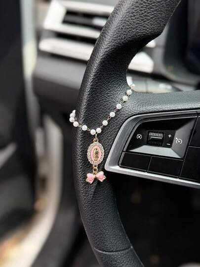 1pc Car Steering Wheel Decorative Chain Pearl Chain Bow Cross Decoration Car Interior Decoration Accessories