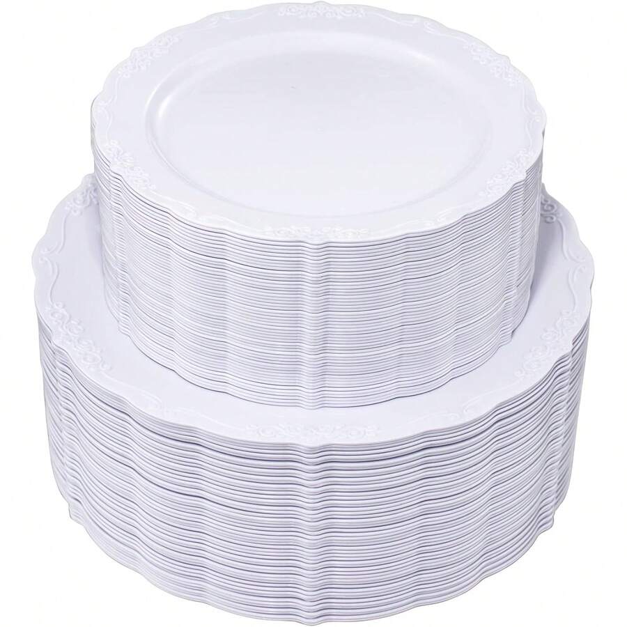 100 Pieces White Plastic Plates - White  Plates - Premium Hard Plastic  Plates For Wedding And Party Use Including 50 Dinner Plates 10 '' & 50 Dert Plates 7.5 '' Variant 1 - 白色 - 查看 1