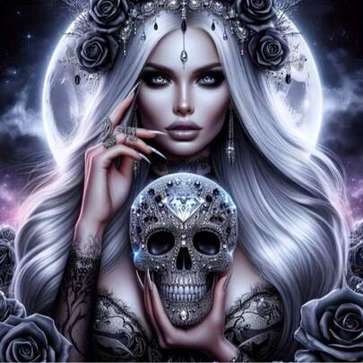 DIY钻石画套装，女子手持骷髅头，39.88x39.88厘米 - 无框钻石画套装，适合客厅和卧室装饰，不含画框