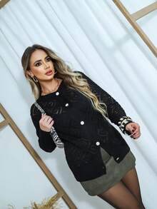 Casaco Feminina Cardigam Feminina Estilosa Botão Poliester Manga Longa Inverno Roupa Feminina - Preto - Visão 7