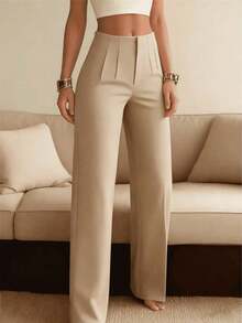 Women's Solid Color Wide Leg Business Pants, Straight Leg Casual Trousers, Versatile For Various Occasions And Commuting White Spring - 卡其色 - 查看 8