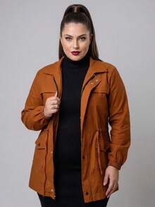 Plus Size Winter Overcoat In Bengaline Fabric With Drawstring, Zipper, And Button Closure. This Winter Parka Coat/Blouse Is Perfect For Sizes G1, G2, And G3. - 駝色 - 查看 1