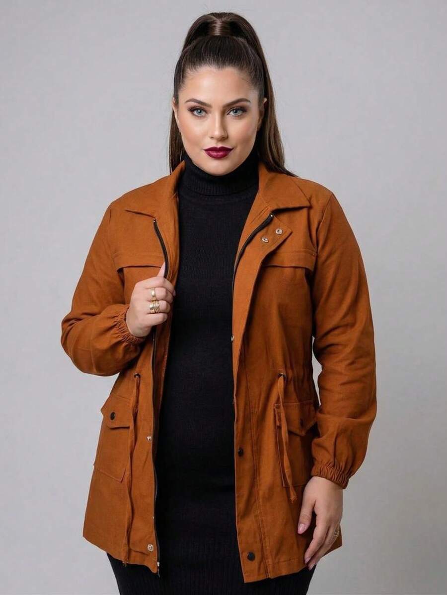 Plus Size Winter Overcoat In Bengaline Fabric With Drawstring, Zipper, And Button Closure. This Winter Parka Coat/Blouse Is Perfect For Sizes G1, G2, And G3. - 駝色 - 查看 1