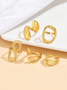 5pcs Geometric Thick Line Open Ring Set, Stainless Steel Minimalist Plain Rings, Waterproof & Fade-Resistant Daily Wear Jewelry For Women - Geometry - View 5