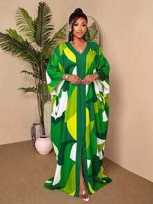 BIUBIU Plus Size Women's Elegant Casual Summer Maxi Dress - Green & White Geometric Print V-Neck Batwing Kaftan Dress, Suitable For Vacation & Beach Spring - White Green - View 6