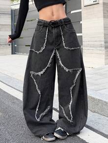 1 pieza Pantalones vaqueros anchos y holgados con bordado de moda callejera japonesa para mujer, pantalones de mezclilla versátiles y cómodos para la primavera (cinturón/accesorios no incluidos) - Negro - Ver 1