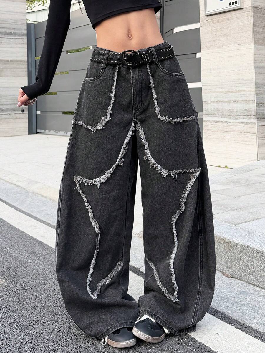 1 pieza Pantalones vaqueros anchos y holgados con bordado de moda callejera japonesa para mujer, pantalones de mezclilla versátiles y cómodos para la primavera (cinturón/accesorios no incluidos) - Negro - Ver 1