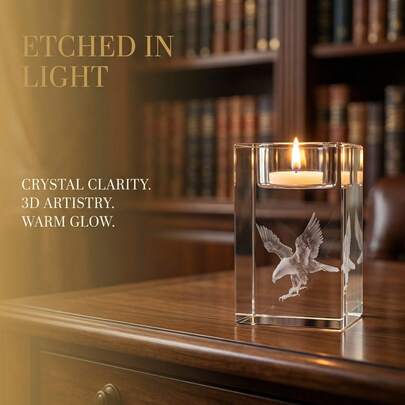 3D Engraved Eagle Crystal Candle Holder, Luxury Transparent Square Glass Cup, Etched In Light Artistry, American Retro Home Decor For Study & Office, Premium Business Gift, Romantic Candlelight Prop, Elegant & Unique Present(No Candle Included)