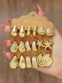 3对/9对女士镀金海星、贝壳、光滑水滴、纹理C形耳环套装，简约可爱风格，适合夏季旅行和度假佩戴 - 金色 - 查看 8