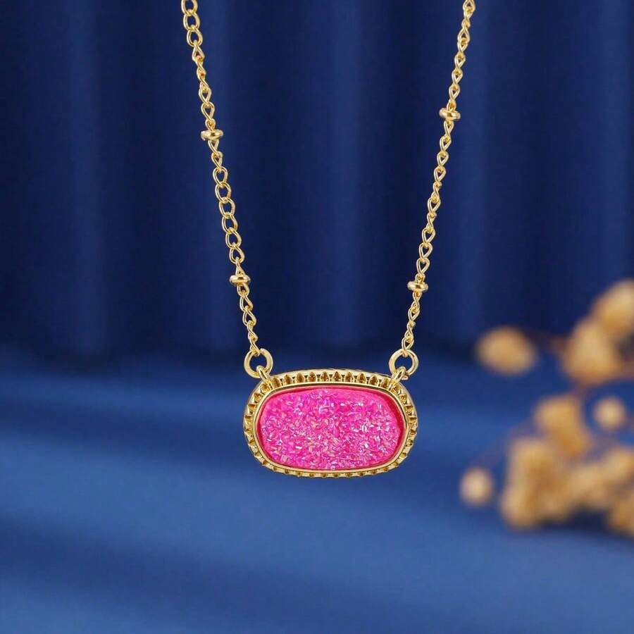 1条吊坠项链，欧美时尚椭圆形设计，铜质，适合女友约会日常佩戴 - 金粉 - 查看 1