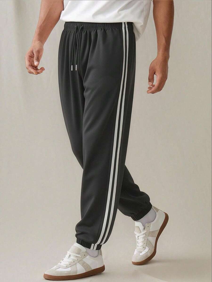 2026 New Men's Contrast Color Striped Casual Sports Pants, Drawstring Joggers, Suitable For Spring/Summer, Sports, Fitness, Leisure, Outdoor, Daily Wear - Black - View 1