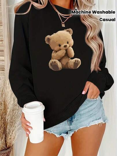 Sweatshirt For Women Women'S Casual Long Sleeve Round Neck Sweatshirt - Black With Pink Teddy Bear Graphic Print |   Geometric Pattern, Machine Washable, Suitable For Fall Winter, Cheerleading & Casual Wear 2026- Tops For Women, Cowboy, Petite Women Clothing
