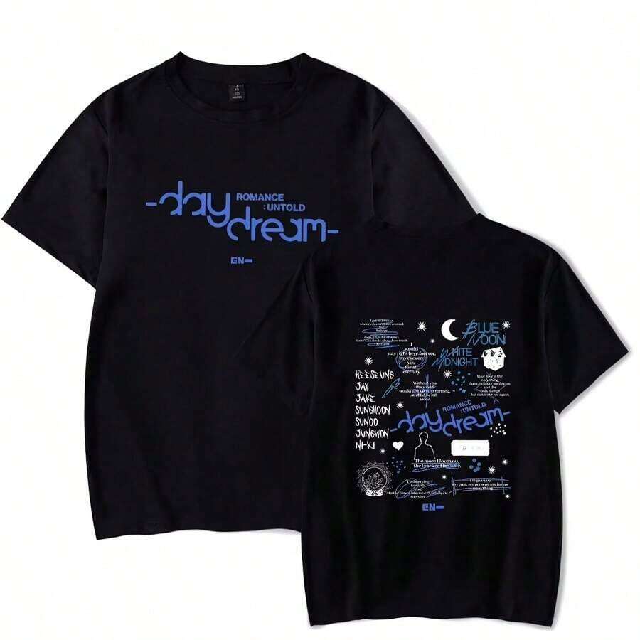 Fashion Women Blue Moon Print T-Shirt, 100% Cotton Loose Fit Short Sleeve Tops, Lightweight Breathable K-Pop Tees, Streetwear Vacation Outfits,Holiday Party Outfits - 黑色 - 查看 1