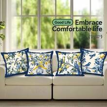 4 vỏ gối nhung màu đào in hình hoa chanh và chim màu xanh trắng, 100% polyester, trang trí phòng khách, sofa, phòng ngủ, kích thước 40x40cm/45x45cm/50x50cm, không kèm ruột gối. - Nhiều màu 05 - Xem 4