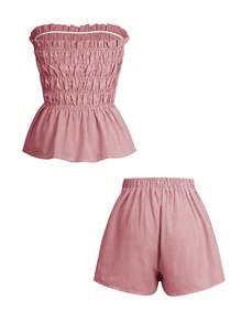 Bộ đồ hai mảnh Vaiaye mùa hè phong cách Hawaii Bohemian dành cho nữ - Áo ống kẻ sọc viền bèo nhún và quần short, hoàn hảo cho các buổi hẹn hò, tiệc trà chiều, kỳ nghỉ, lễ hội âm nhạc và ngày Valentine. Màu đỏ - Đỏ - Xem 3