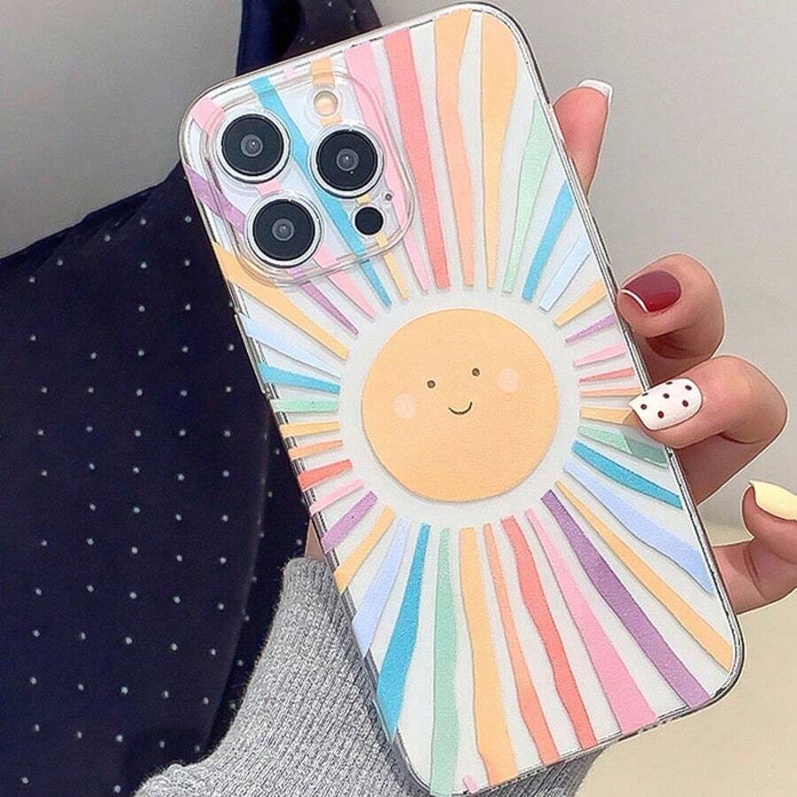 Cartoon Colorful Striped Sun Pattern Anti-Drop Phone Case, Compatible With Apple - Clear - View 1