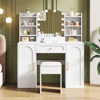 110x40x132cm Large Dressing Table / Modern Style Vanity Table / With 1 Drawer And 2 Doors / High-Quality MDF Material / Suitable For Bedrooms, Living Rooms And Dressing Rooms, White