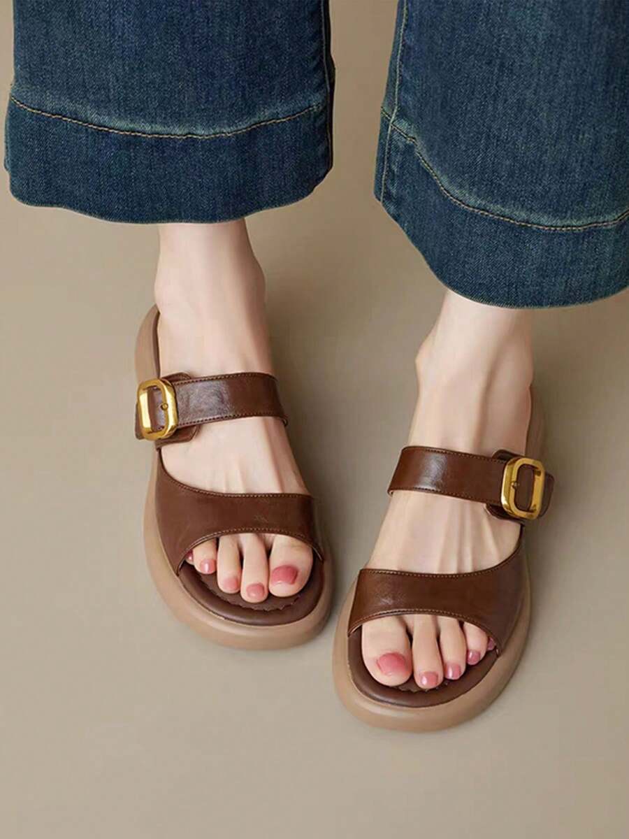Giày bít mũi đế dày kiểu Pháp cổ điển với khóa kim loại, dép lê hở mũi gót chunky dành cho nữ, dép bít mũi thoải mái. - màu nâu - Xem 1
