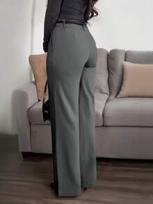 ZY服装纯色纽扣拉链口袋西装面料直筒休闲裤，深灰色，适合春夏办公通勤日常穿着，大码女式商务休闲服装 - 深灰色 - 查看 3
