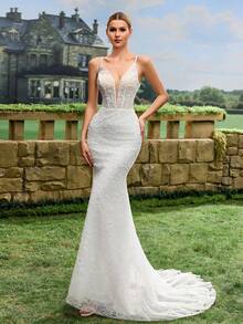 Vestido de novia elegante y ajustado de unicolor con encaje de espina de pescado, primavera - Blanco - Ver 12