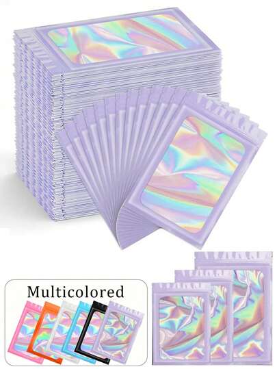 100/50/20/5 piezas - Bolsas de sellado reutilizables, en varios tamaños de bolsas de sellado reutilizables, bolsas de joyería de PVC transparente holográfico, bolsas de plástico de colores a prueba de olores con cremallera de papel de aluminio, bolsas de almacenamiento simples, bolsas de regalo con efecto láser reflectante, bolsas de conservación de alimentos con ventana transparente, bolsas de caramelos, bolsas de gominolas, bolsas de papel de aluminio, bolsas de embalaje de regalos de fiesta. Adecuado para la conservación de alimentos, el embalaje de joyas, los regalos de fiesta, los alimentos, los caramelos, las joyas, el brillo de labios, etc. Hay disponibles varios tamaños y colores.