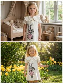 Easter Girls' Summer Dress Cute Rabbit Holding Flower Pattern Lapel Short Sleeve Sweet A-Line Fitted Dress For Toddler - Apricot - View 5