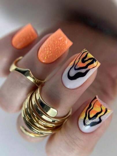 24 Pieces Of Flame Gradient Striped Nail Art. Orange Color Nail Art. Press On Nails Fake Nails Nail Supplies Y2k Nails Nails Square Spring Nails