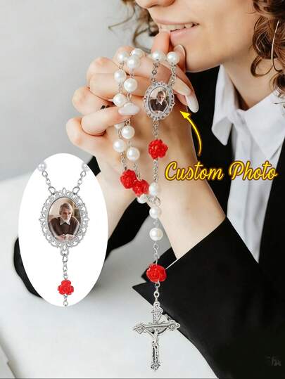 1 chiếc vòng cổ hạt cườm khắc ảnh theo yêu cầu, có thể tùy chỉnh ảnh, vòng cổ tràng hạt Công giáo, có thể dùng làm vòng cổ tràng hạt hoặc vòng cổ thánh giá tưởng niệm, món quà gia đình hoàn hảo cho Ngày của Cha và Ngày của Mẹ, phù hợp cho phụ nữ, mặt dây chuyền sáng tạo.