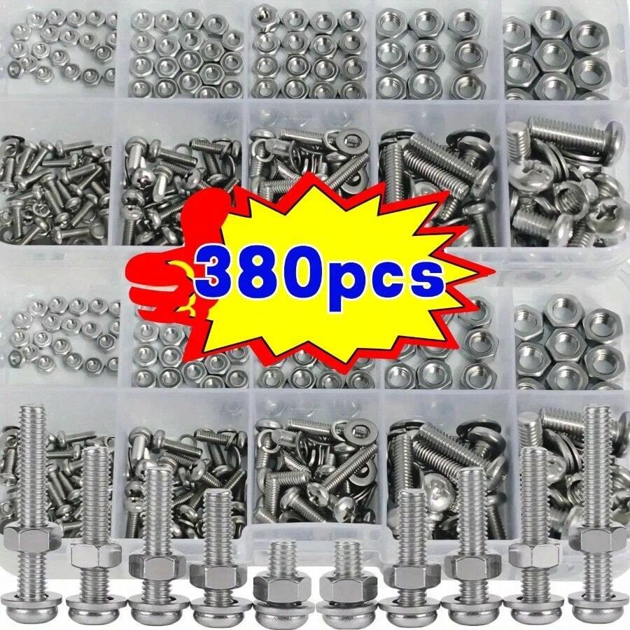 380pcs Hex Nut And Bolt Set - Durable M2, M2.5, M3, M4, M5 Metric Sizes, Universal Engineering And Repair Hardware Kit, Metal Material, Long-Lasting, |Hex Nut|Durable Metal Nut, Nut And Bolt Set - Silver - View 1