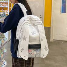 LECEY 可爱兔耳星形图案背包 - 透明口袋可爱风学生背包 - 白色 - 查看 5