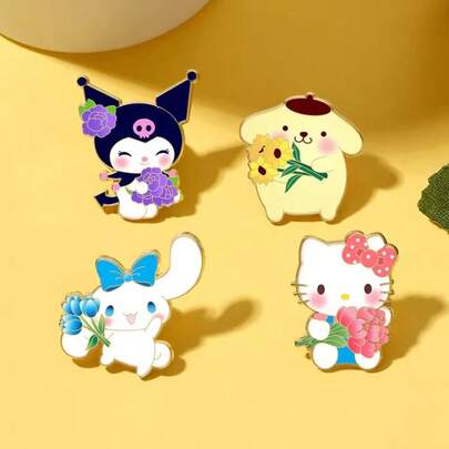 SANRIO Set de 4 broches de esmalte con diseño de gato de dibujos animados, adecuados para ropa de mujer, mochilas y accesorios de moda