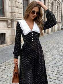 女士秋季波点经典印花拼接优雅复古蕾丝领中长连衣裙，休闲腰带修身显瘦纽扣拉链荷叶边下摆长袖连衣裙黑色春季 - 黑色 - 查看 6