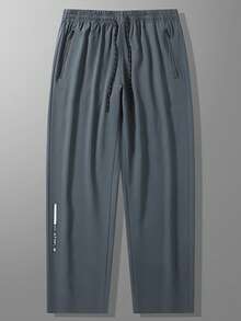 Plus Size Men's Casual Straight Leg Sweatpants With Drawstring Waist And Zipper Pockets, Loose Comfortable Leg Opening, Fashion Letter Print Design, Breathable Quick-Dry, Ideal For Lazy Plus Size Men To Wear In Summer, Gym Workout, Running And Other Sports - Dark Grey - View 2