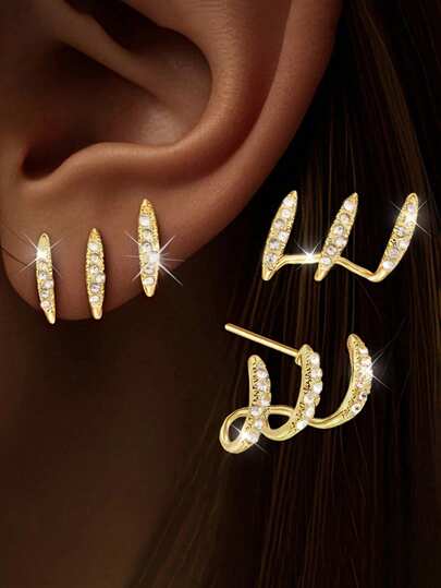 2pcs New Diamond Inlaid Minimalist Design Layered Curved Earrings For Women