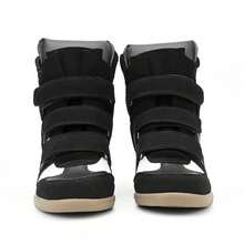 Hidden Wedge Sneakers For Women High Top Fashion Sneaker Suede High Heel Platform Tennis Triple Strappy Band Casual Vintage Dressy Comfy Campus  Retro Sneaker - 黑與白 - 查看 3