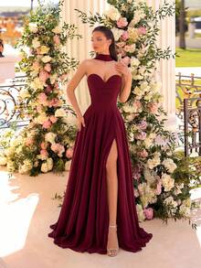 优雅的无肩带深V领设计，胸部褶皱剪裁，高腰设计，A字开衩裙摆，露背系带，及地长款派对礼服，适合盛大晚宴、生日派对、正式晚宴、约会、返校舞会、婚礼宾客、正式晚宴、家庭聚会等场合。 - 酒紅色 - 查看 6