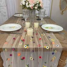 78,74 tum lång broderad ostduk tyll bordslöpare prästkrage sommar höst bordslöpare blommor gasbinda bordslöpare för bröllopsfest babyshower födelsedag heminredning högtidsdekorationer, stolsbåge - Champagne - Visa 3