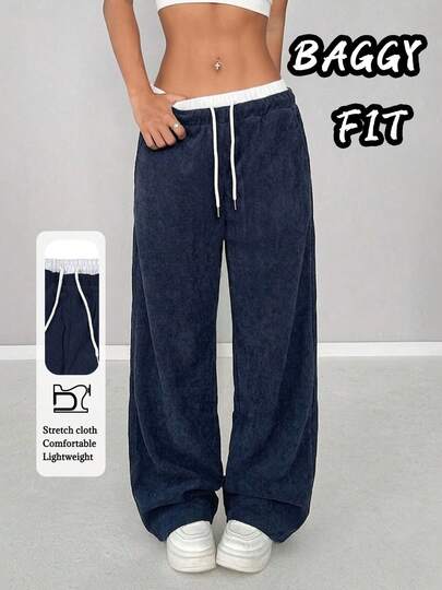 GILIPUR Y2K Style Women Straight Loose Pants, Drawstring Design, Deep Blue Retro Casual Trousers, Fashionable Elegant Streetwear Bottom Spring