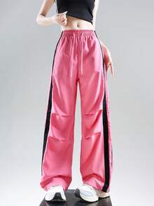 JUTU Spring/Summer Loose Woven Fabric Contrast Color Side Stripe Pleated Drawstring Women's Fashion Wide Leg Pants, Youthful Sweet Style, Lightweight & Comfortable For Casual/Holiday Wear - 0B52 Pink and Black - View 7