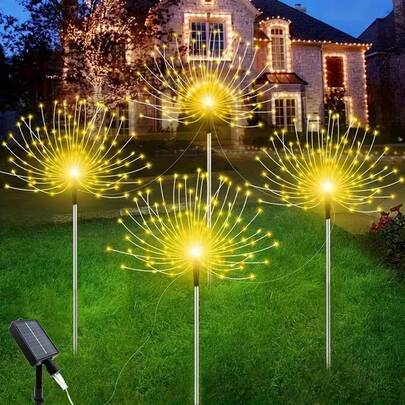 4pcs Solar Outdoor Lights, 240/360 LED Firework Lights For Garden, Suitable For Christmas, Thanksgiving Decoration, 8 Lighting Modes, Villa Courtyard Balcony, Pathway Lawn, Camping, Warm/Colorful Holiday Decor