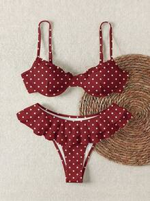 Women's Red & White Polka Dot Ruffle Trim Bikini Set, Cute & Sexy Beach Swimwear, 2 Pieces Swimsuit For Summer Holiday - Multicolor - View 4