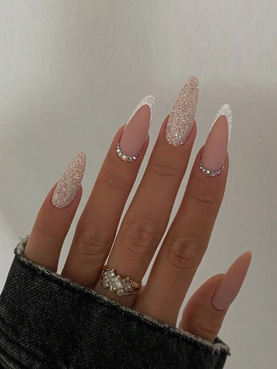 24pcs Extra Long Oval (Almond) Shaped Press-On Nails, Luxurious Gradient Rhinestone Manicure With Nude Pink Base, Blending Gradient Pink Rhinestones, French White Tips And Circle Rhinestone Decor, Elegant High-End Party Style, Suitable For Dates, Galas Or Eye-Catching Occasions, Brightening And Luxurious - Multicolor - View 1