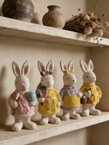 1pc Adorable Rabbit Figurine, Charming Rabbit Sculpture Decorated With Knitted Sweater, Floral Headpiece, Carrot And Basket, Dreamy Easter Spring Home Decor, Farmhouse Style Shelf/Desktop Ornament, Bedroom/Living Room Decorative Gift - Multicolor - View 1