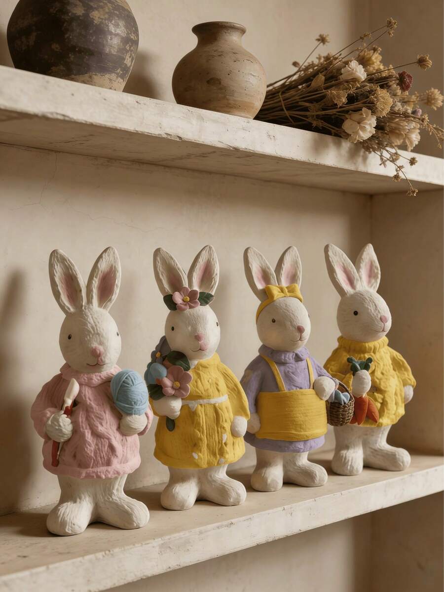 1pc Adorable Rabbit Figurine, Charming Rabbit Sculpture Decorated With Knitted Sweater, Floral Headpiece, Carrot And Basket, Dreamy Easter Spring Home Decor, Farmhouse Style Shelf/Desktop Ornament, Bedroom/Living Room Decorative Gift - Multicolor - View 1