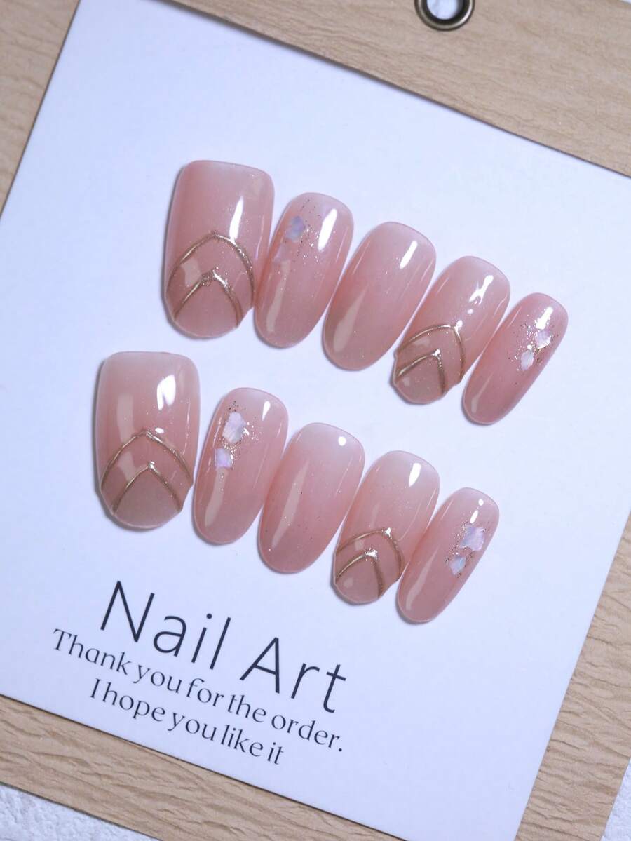 10pcs Oval Short Handmade Nude Pink Reusable Nail Tips With Gold Geometric Pattern And Shell Fragments, Minimalist Nail Salon Quality Nail Art Suitable For Women And Girls Daily Wear