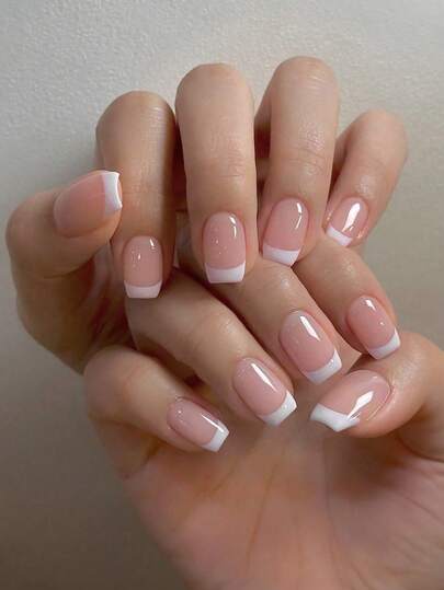 ARTAUG 24片白色法式短方形美甲贴片，1瓶果冻胶，1把指甲锉，瞬间提升美甲效果，适合女性和女孩的美甲用品