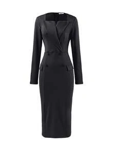 Elegant Solid Color Midi Work Dress, Stretchy Fabric, Notched Collar, Slit, Suitable For Commute, Elegant Occasions, Office, Business Meetings, Birthday, Spring & Autumn - Black - View 7