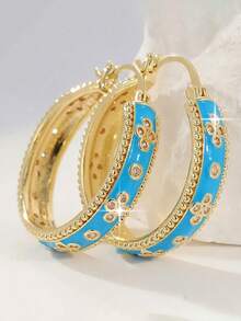 1 Pair Glamorous Luxury Large Round Cubic Zirconia Earrings, Charming Blue Enamel Four-Leaf Clover Earrings, Suitable For Wedding, Engagement, Anniversary Party Wear, Jewelry Gift - Blue - View 1