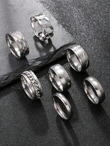 7件套黑色不锈钢极简复古戒指套装，男女皆宜的百搭配饰，新年、情人节必备，送礼佳品 - 黑色 - 查看 4