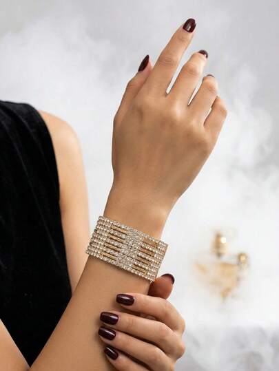 1件闪亮多层宽开口手镯，镶嵌水钻，镀金水晶手镯，女士派对及婚礼吸睛饰品，闪亮金色多排水钻宽开口手镯，奢华水晶开口手镯，女士时尚派对舞会饰品